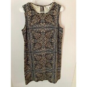 J. Jill Women's Medium Shift Dress Sleeveless Brown Patterned Scoop Neck Midi